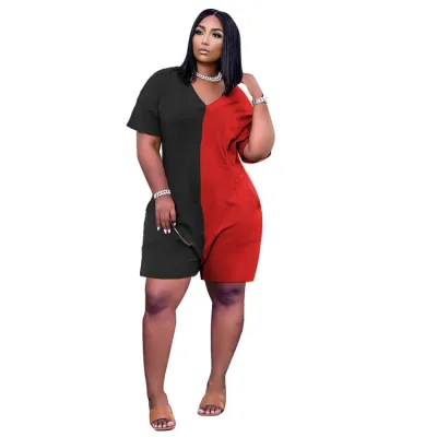 S-3XL Women's V-Neck Color Block Patchwork Loose Rompers Urban Leisure Style