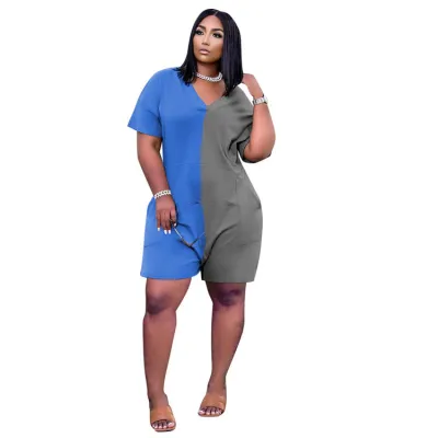 S-3XL Women's V-Neck Color Block Patchwork Loose Rompers Urban Leisure Style