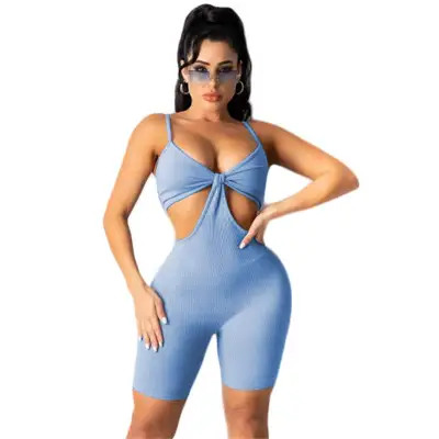 S-2XL Women Sexy Deep V Solid Color Hollow Out Rib-knit Rompers