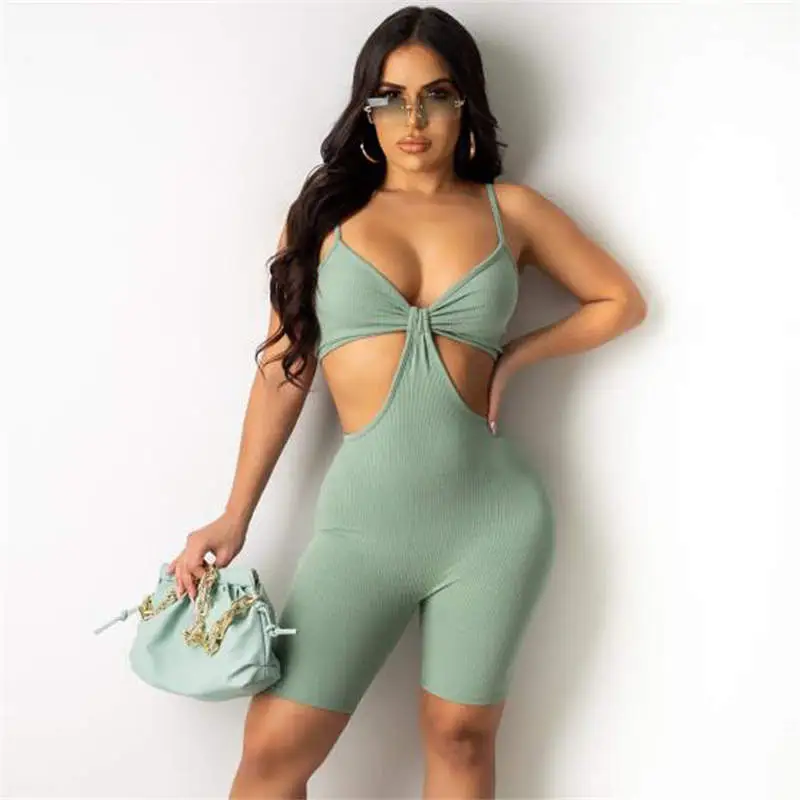 S-2XL Women Sexy Deep V Solid Color Hollow Out Rib-knit Rompers