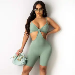 S-2XL Women Sexy Deep V Solid Color Hollow Out Rib-knit Rompers
