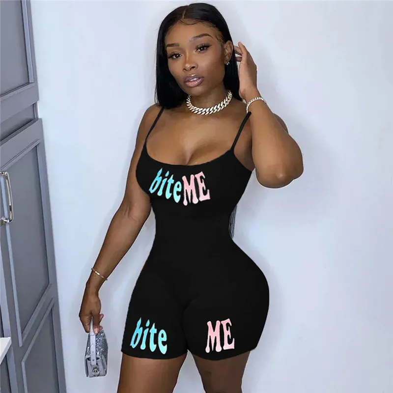 S-2XL Women Letter Printing Strap Rompers Street Style