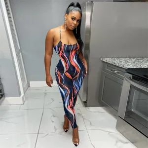 S-XL Women Sexy Graphic Printed Lace Up Jumpsuits