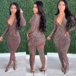 S-2XL Women Sexy Deep V Neck Long Sleeve Graphic Printed Jumpsuits