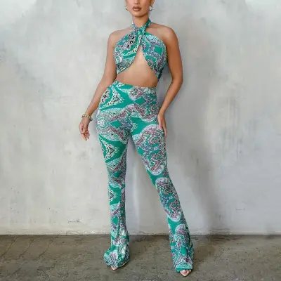 S-L Women Sexy Graphic Printing Halter Neck Cut Out Jumpsuits