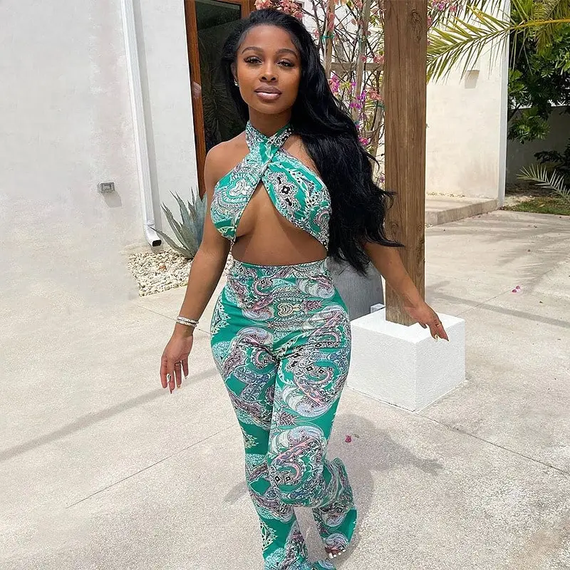 S-L Women Sexy Graphic Printing Halter Neck Cut Out Jumpsuits