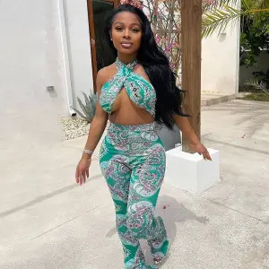 S-L Women Sexy Graphic Printing Halter Neck Cut Out Jumpsuits