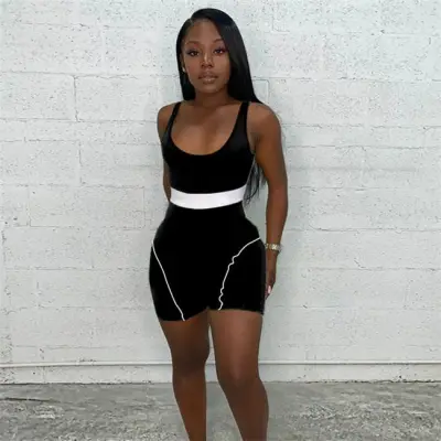 XS-5XL Women Color Blocking Patchwork Rompers Sports Knitting Sleeveless
