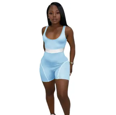 XS-5XL Women Color Blocking Patchwork Rompers Sports Knitting Sleeveless