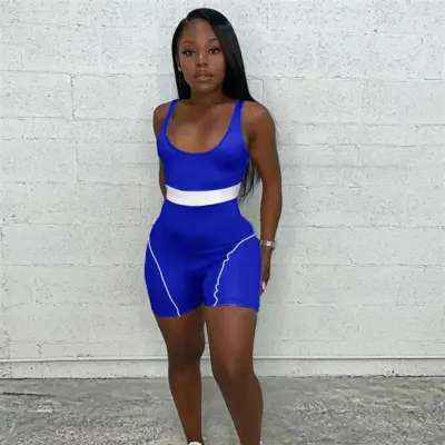 XS-5XL Women Color Blocking Patchwork Rompers Sports Knitting Sleeveless