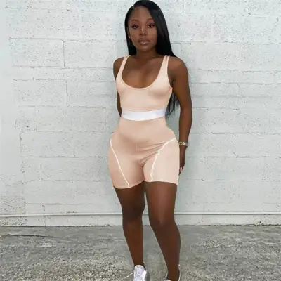 XS-5XL Women Color Blocking Patchwork Rompers Sports Knitting Sleeveless
