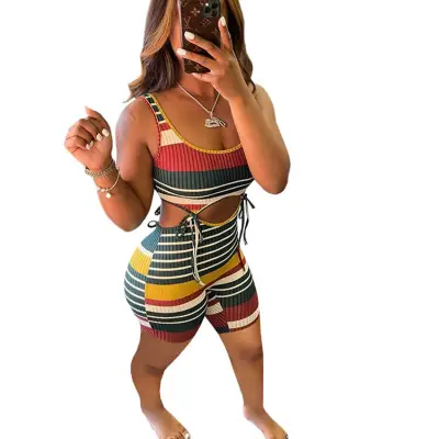 XS-2XL Women Fashion Stripe Printing Cut Out Rompers