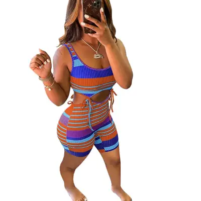 XS-2XL Women Fashion Stripe Printing Cut Out Rompers