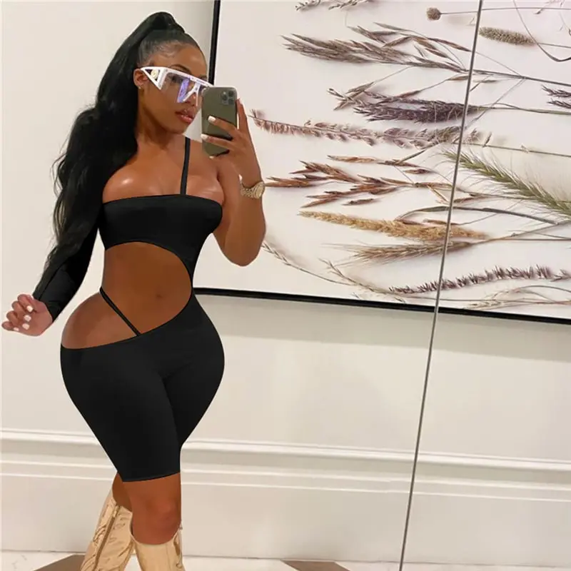 S-XL Women Sexy Solid Color Cut Out Rompers