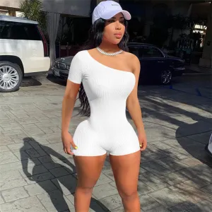 S-2XL Women Sexy Solid Color Oblique Shoulder Rompers