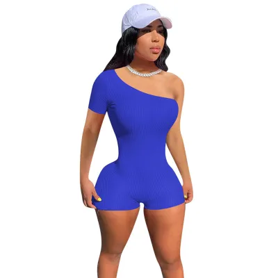 S-2XL Women Sexy Solid Color Oblique Shoulder Rompers