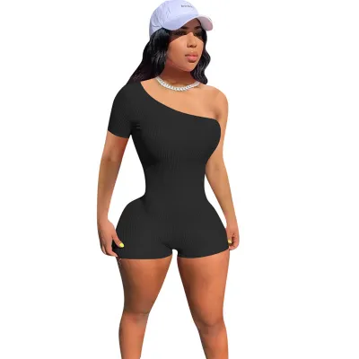 S-2XL Women Sexy Solid Color Oblique Shoulder Rompers