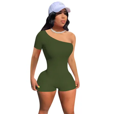 S-2XL Women Sexy Solid Color Oblique Shoulder Rompers