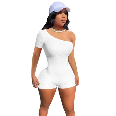 S-2XL Women Sexy Solid Color Oblique Shoulder Rompers