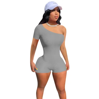 S-2XL Women Sexy Solid Color Oblique Shoulder Rompers