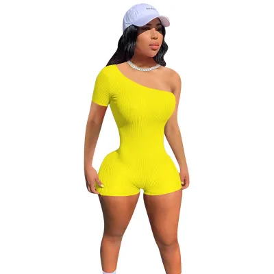 S-2XL Women Sexy Solid Color Oblique Shoulder Rompers