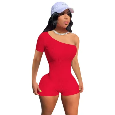S-2XL Women Sexy Solid Color Oblique Shoulder Rompers