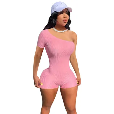 S-2XL Women Sexy Solid Color Oblique Shoulder Rompers