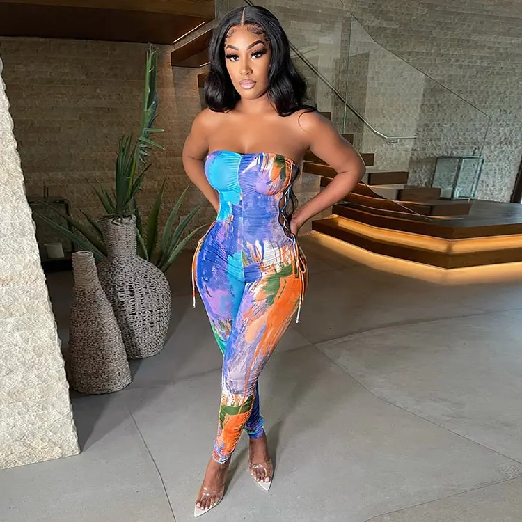 S-2XL Women Sexy Graphic Printing Strapless Lace-up Jumpsuits