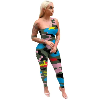 S-XL Women One Shoulder Graphic Printing Jumpsuits Urban Leisure