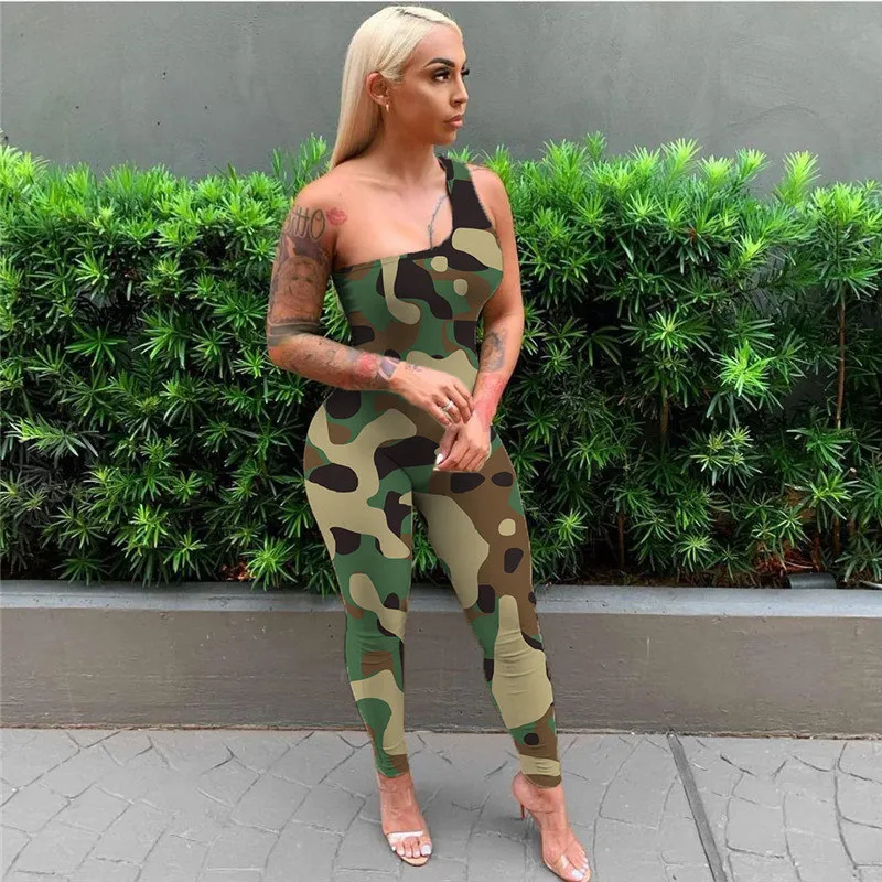 S-XL Women One Shoulder Graphic Printing Jumpsuits Urban Leisure