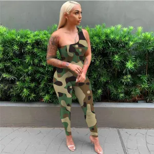 S-XL Women One Shoulder Graphic Printing Jumpsuits Urban Leisure