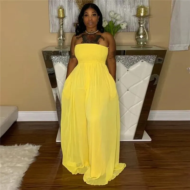 S-3XL Women Strapless Wide Leg Jumpsuits Solid Color Romper