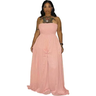 S-3XL Women Strapless Wide Leg Jumpsuits Solid Color Romper