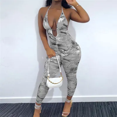 S-3XL Women Sexy Tie-dye Printing V Neck Jumpsuits