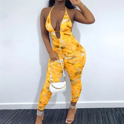 S-3XL Women Sexy Tie-dye Printing V Neck Jumpsuits