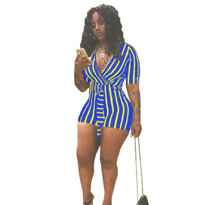 S-2XL Women Fashion Stripe Printing V Neck Rompers