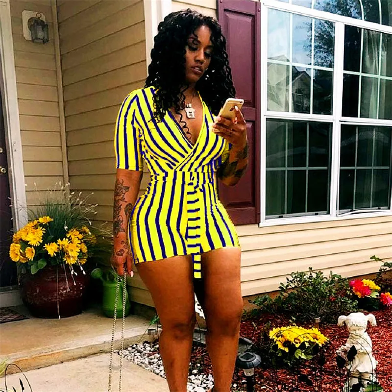 S-2XL Women Fashion Stripe Printing V Neck Rompers