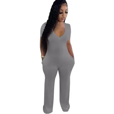S-2XL Women Casual Cotton V Neck Loose Jumpsuits