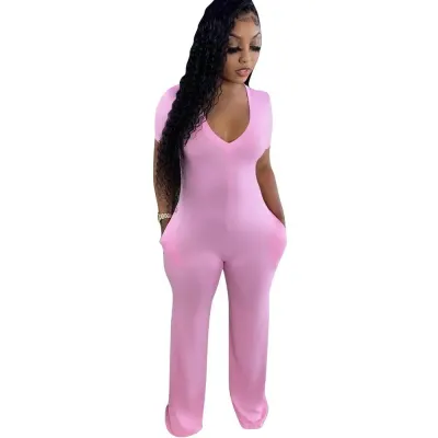 S-2XL Women Casual Cotton V Neck Loose Jumpsuits