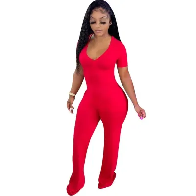 S-2XL Women Casual Cotton V Neck Loose Jumpsuits