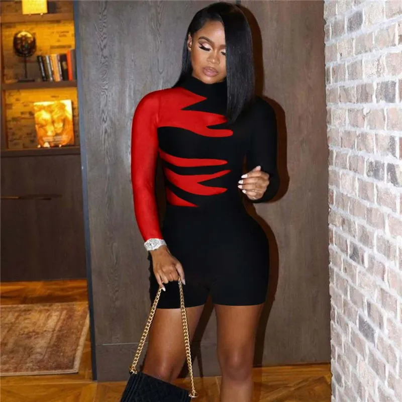 S-XL Women Creative Color Blocking Long Sleeve Rompers