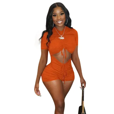 S-XL Women Sexy Cut Out Drawstring Crease Short Sleeve Rompers