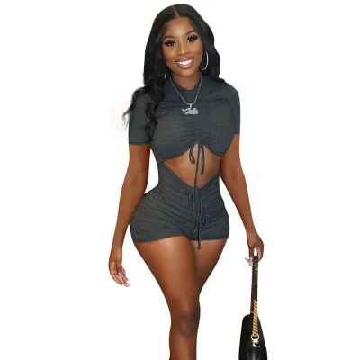S-XL Women Sexy Cut Out Drawstring Crease Short Sleeve Rompers