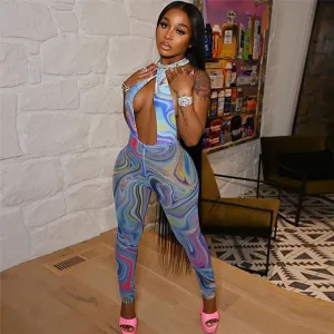 S-2XL Women Sexy Tie-dye Printing Cut Out Jumpsuits