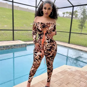 S-XL Women Off Shoulder Leopard Print Jumpsuits Urban Leisure Rompers