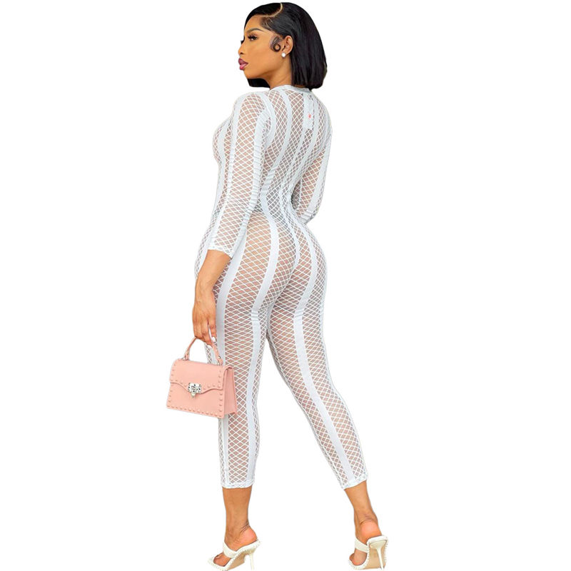Wholesale S-2XL Women Sexy Solid Color See-through Jumpsuits