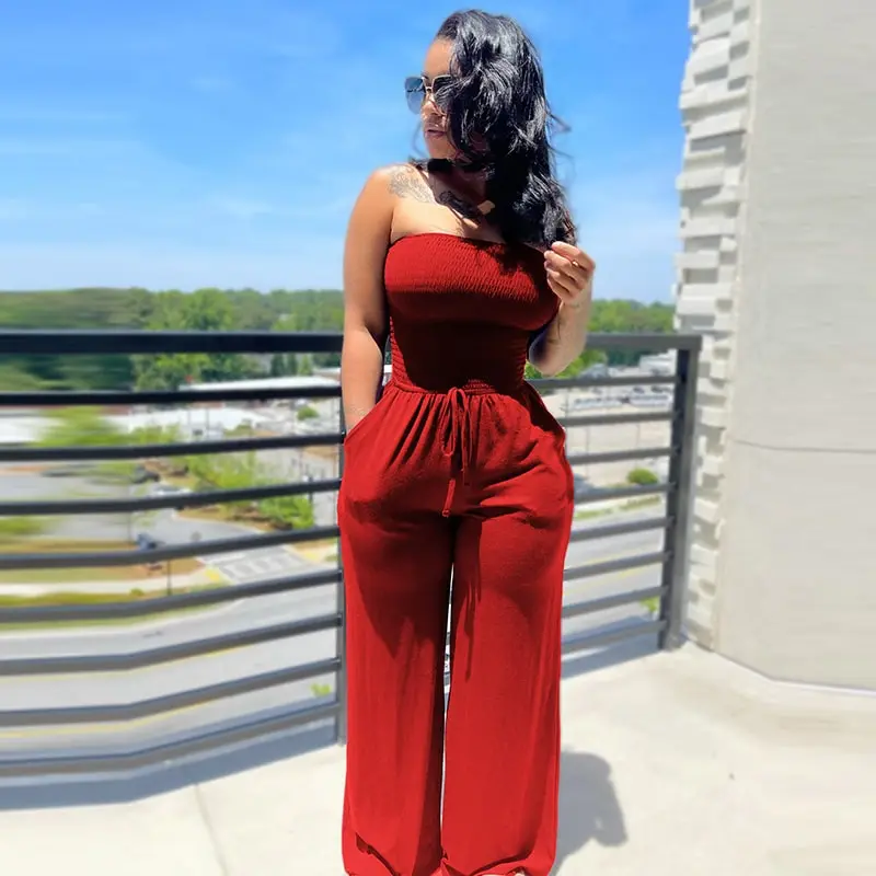 S-2XL Women Solid Color Strapless Wide Leg Jumpsuits