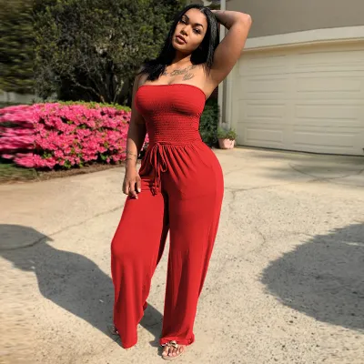 S-2XL Women Solid Color Strapless Wide Leg Jumpsuits