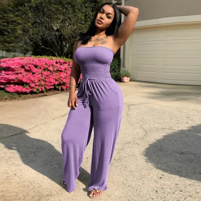 S-2XL Women Solid Color Strapless Wide Leg Jumpsuits