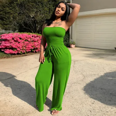 S-2XL Women Solid Color Strapless Wide Leg Jumpsuits